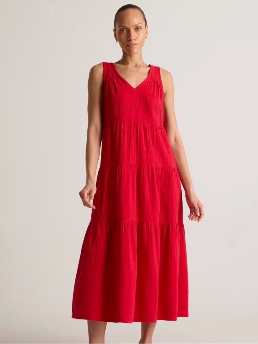 Quince Red Sleeveless V-Neck Tiered Maxi Dress